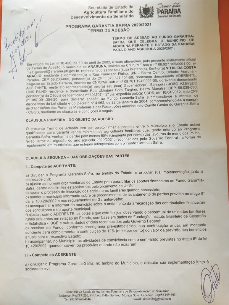 APOIO AOS AGRICULTORES: Prefeito de Araruna, Vital Costa assina termo de Adesão ao Garantia-Safra 2020/2021