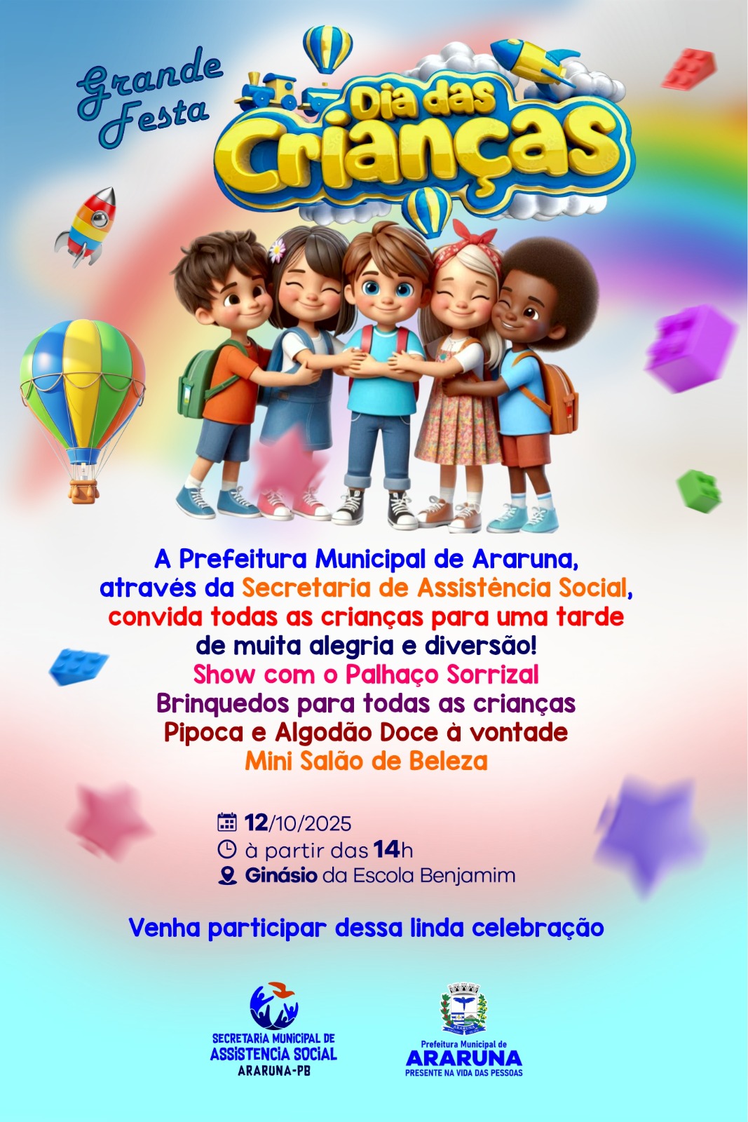 DOMINGO 12: Prefeitura de Araruna realizará festa em comemoração ao Dia das Crianças