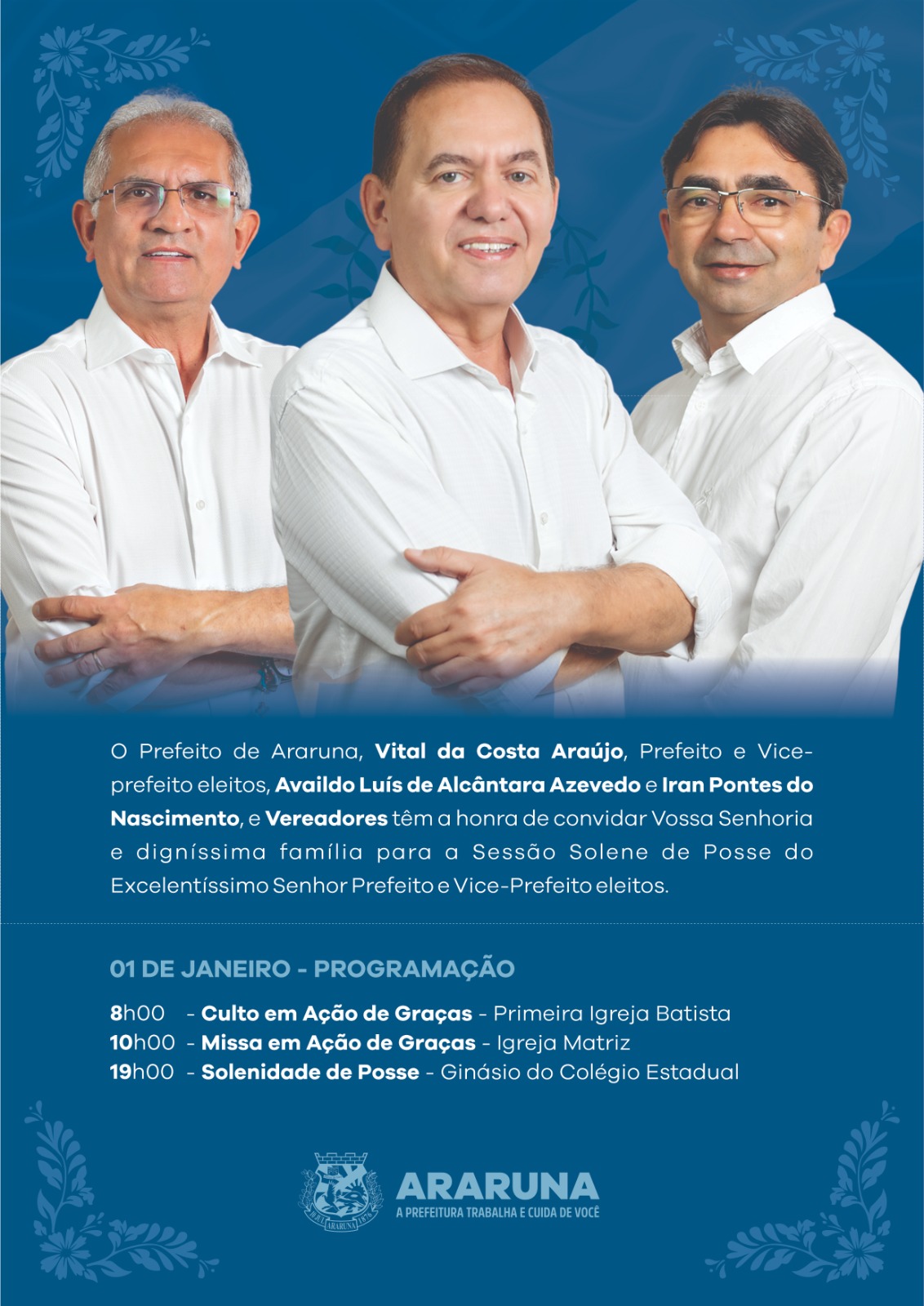 Confira a programação da posse do prefeito Availdo Azevedo e do vice Iran Motos