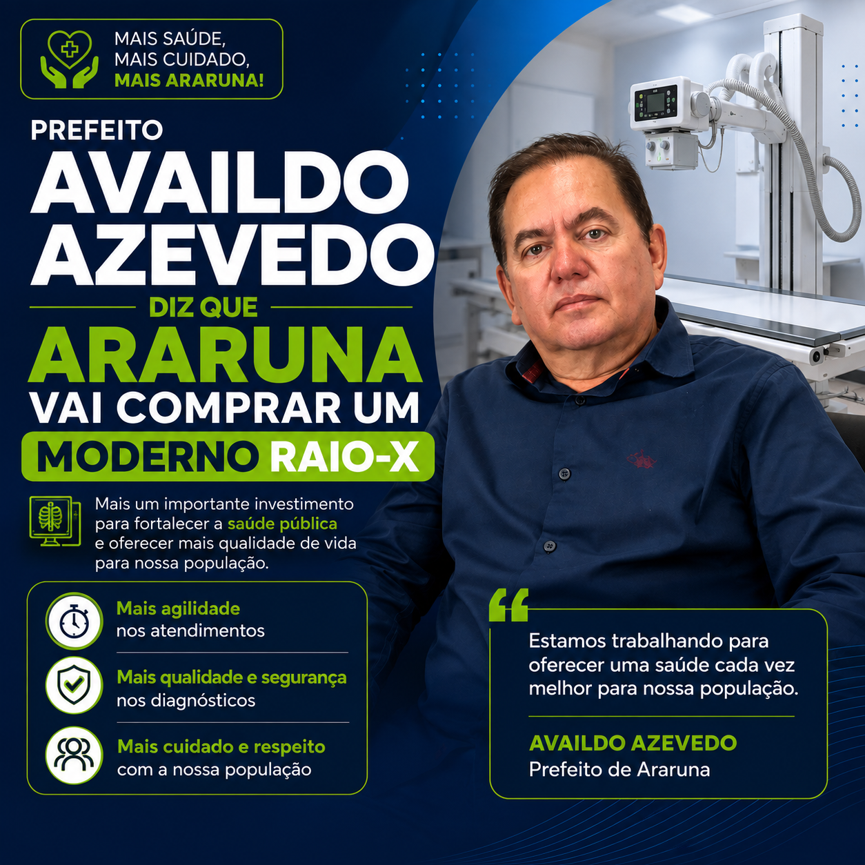 VÍDEO: Mais investimentos na saúde de Araruna! Prefeito Availdo Azevedo confirma aquisição de Raio X