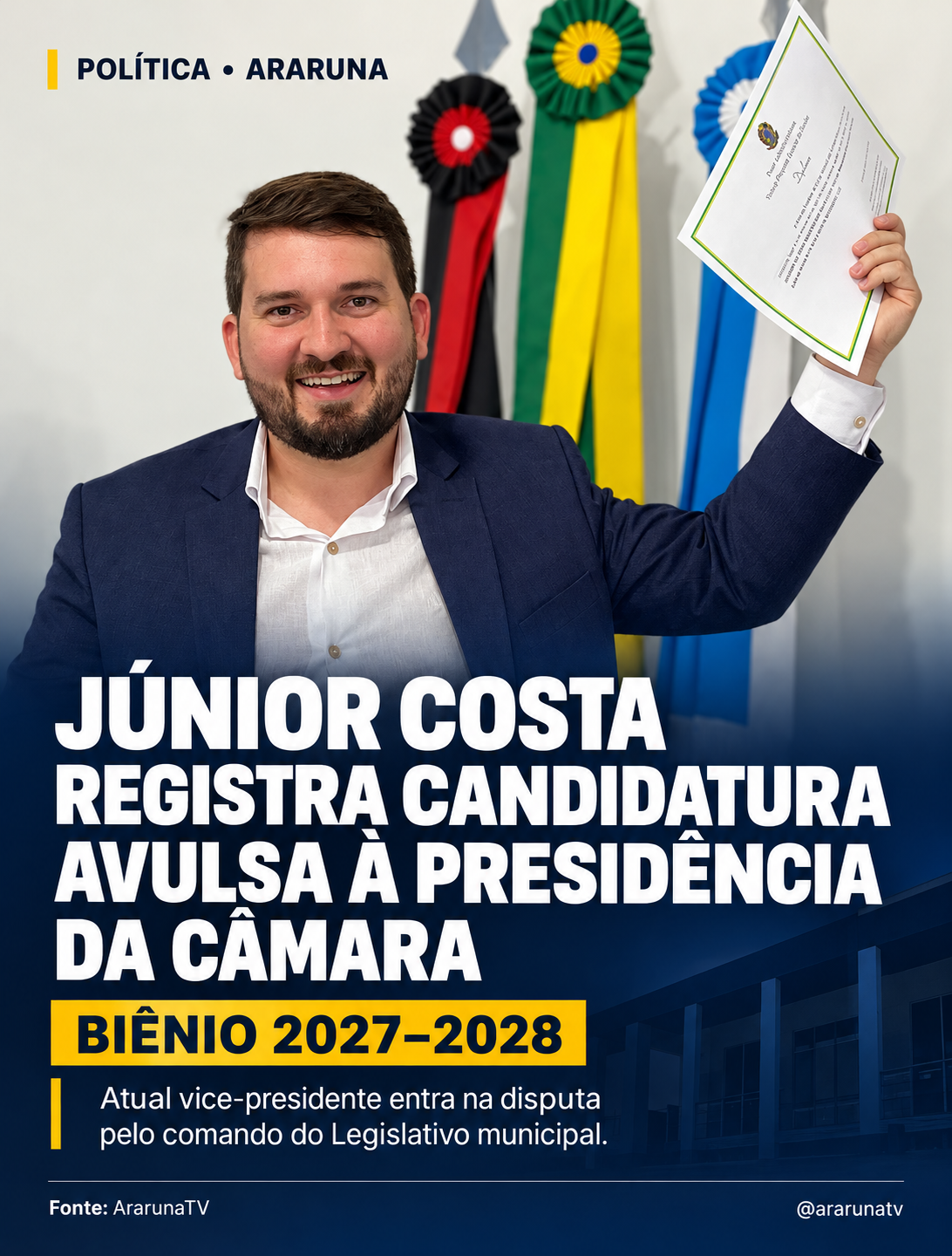 Júnior Costa registra candidatura avulsa à presidência da Câmara de Araruna para o biênio 2027–2028