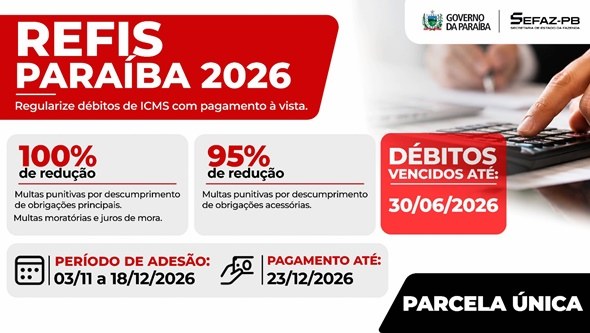 Governo da Paraíba publica Medida Provisória do Refis do ICMS 2026 com desconto de até 100% nas multas e juros de mora