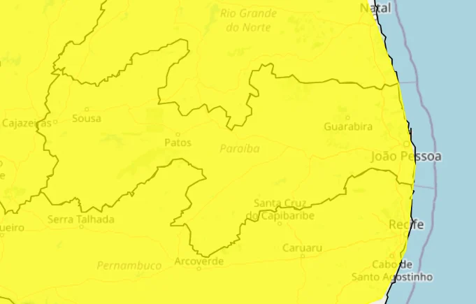 Inmet emite alerta de perigo potencial de chuvas para todos os municípios paraibanos
