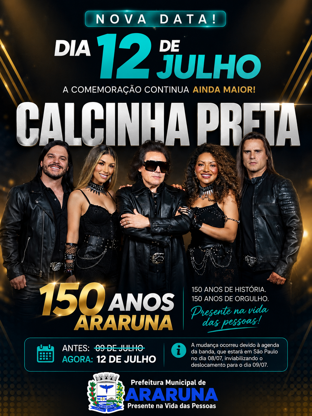 Prefeitura de Araruna adia show da Banda Calcinha Preta para 12 de julho durante celebração dos 150 anos