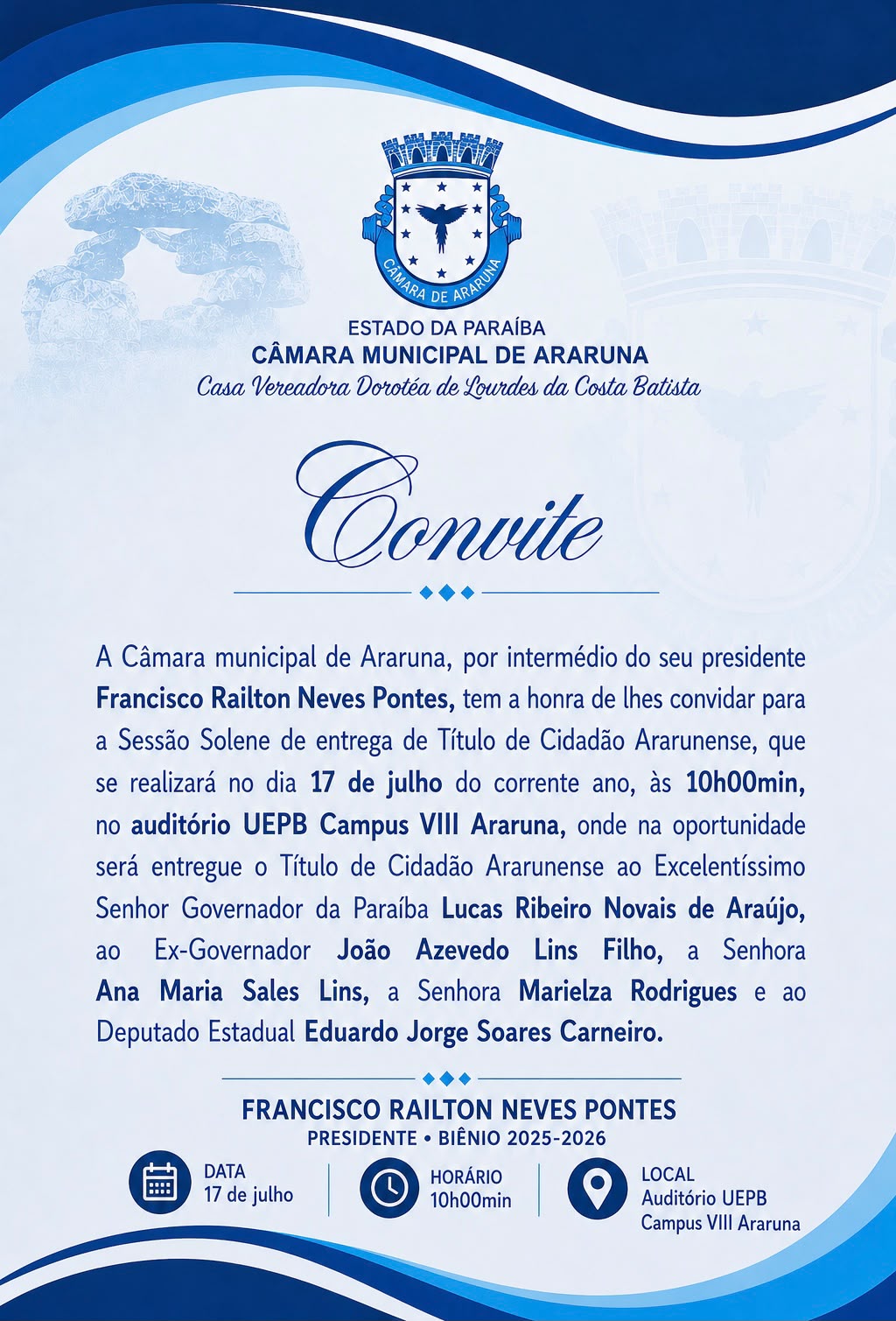Câmara de Araruna realiza Sessão Solene de entrega de Títulos de Cidadania na UEPB Campus VIII
