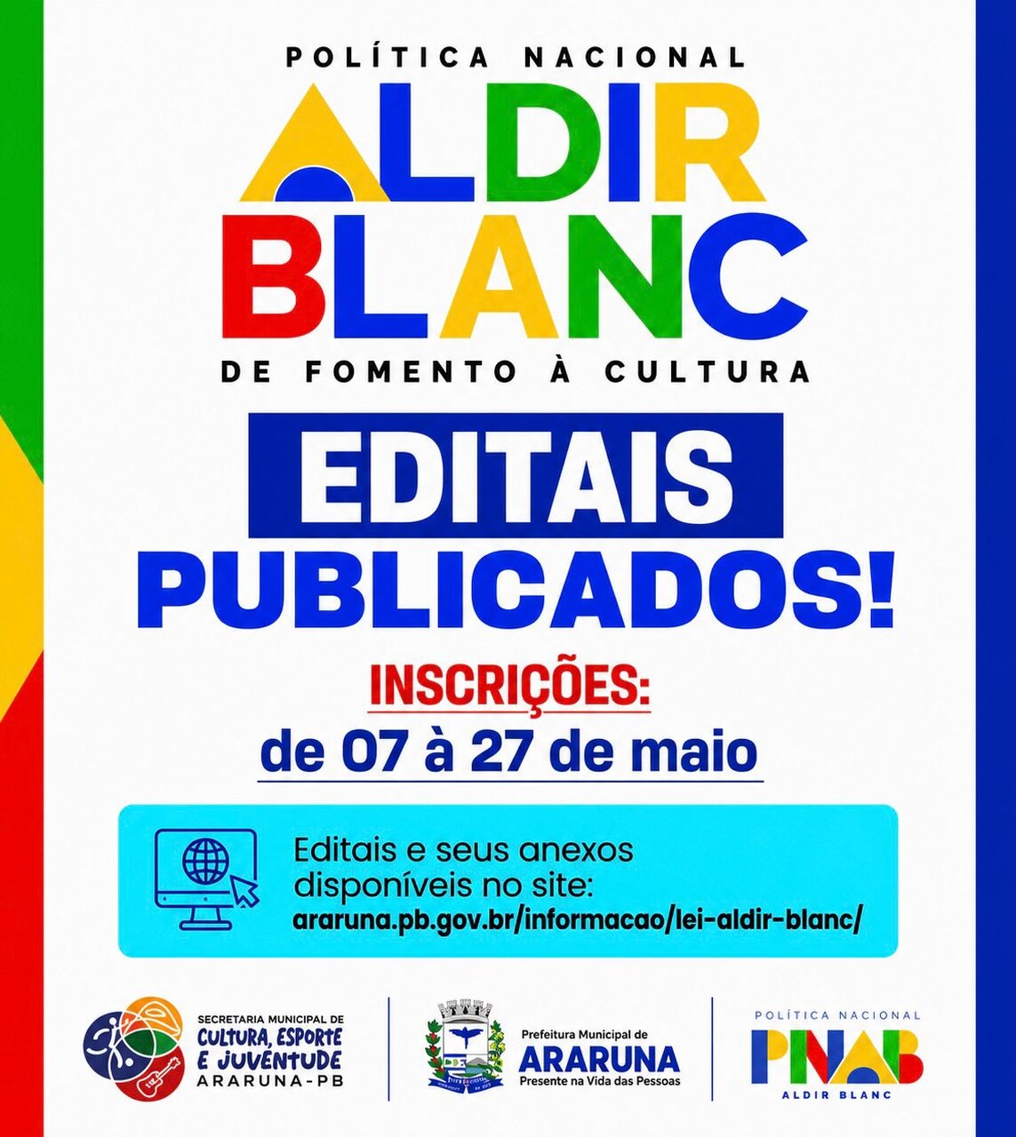 Prefeitura de Araruna abre inscrições para editais da Política Nacional Aldir Blanc de Fomento à Cultura com R$ 132 mil