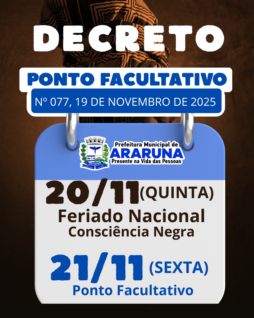 Prefeitura de Araruna decreta ponto facultativo na sexta-feira, após o feriado do Dia da Consciência Negra