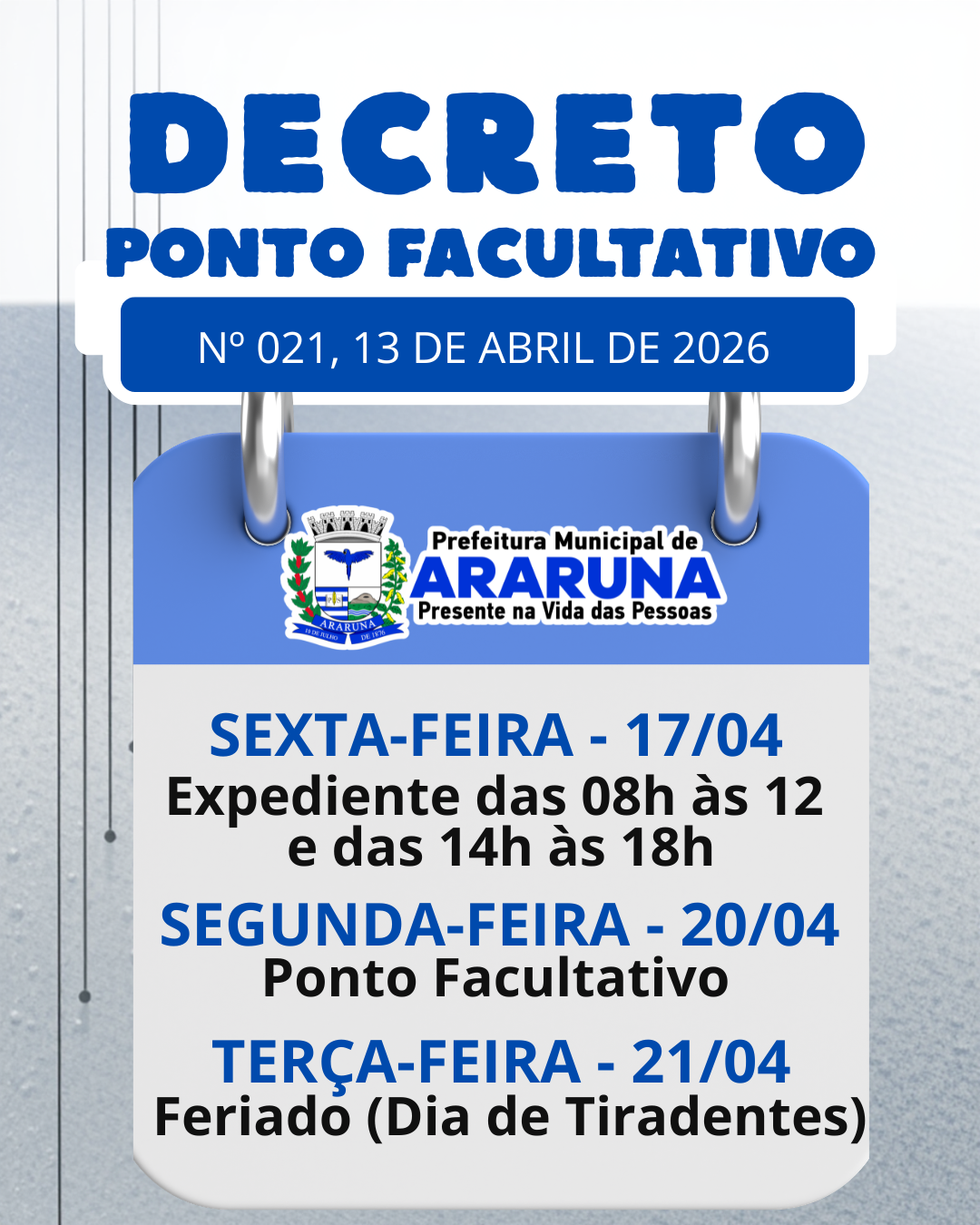 Prefeitura de Araruna publica decreto de ponto facultativo na próxima segunda-feira