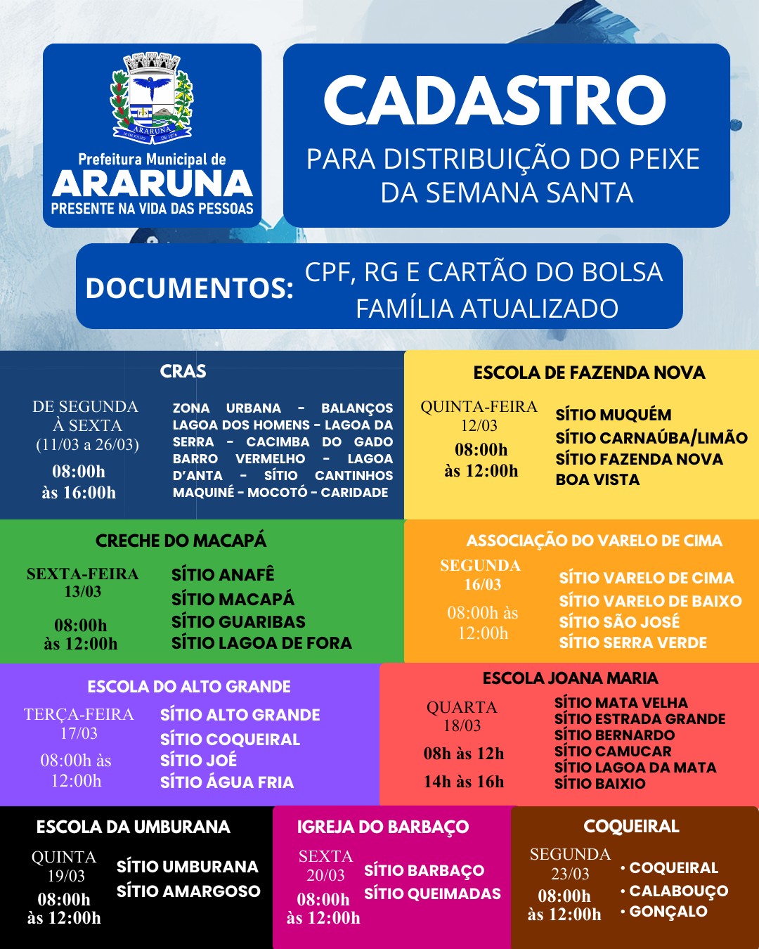 Prefeitura de Araruna inicia cadastro das famílias para distribuição do peixe da Semana Santa 2026