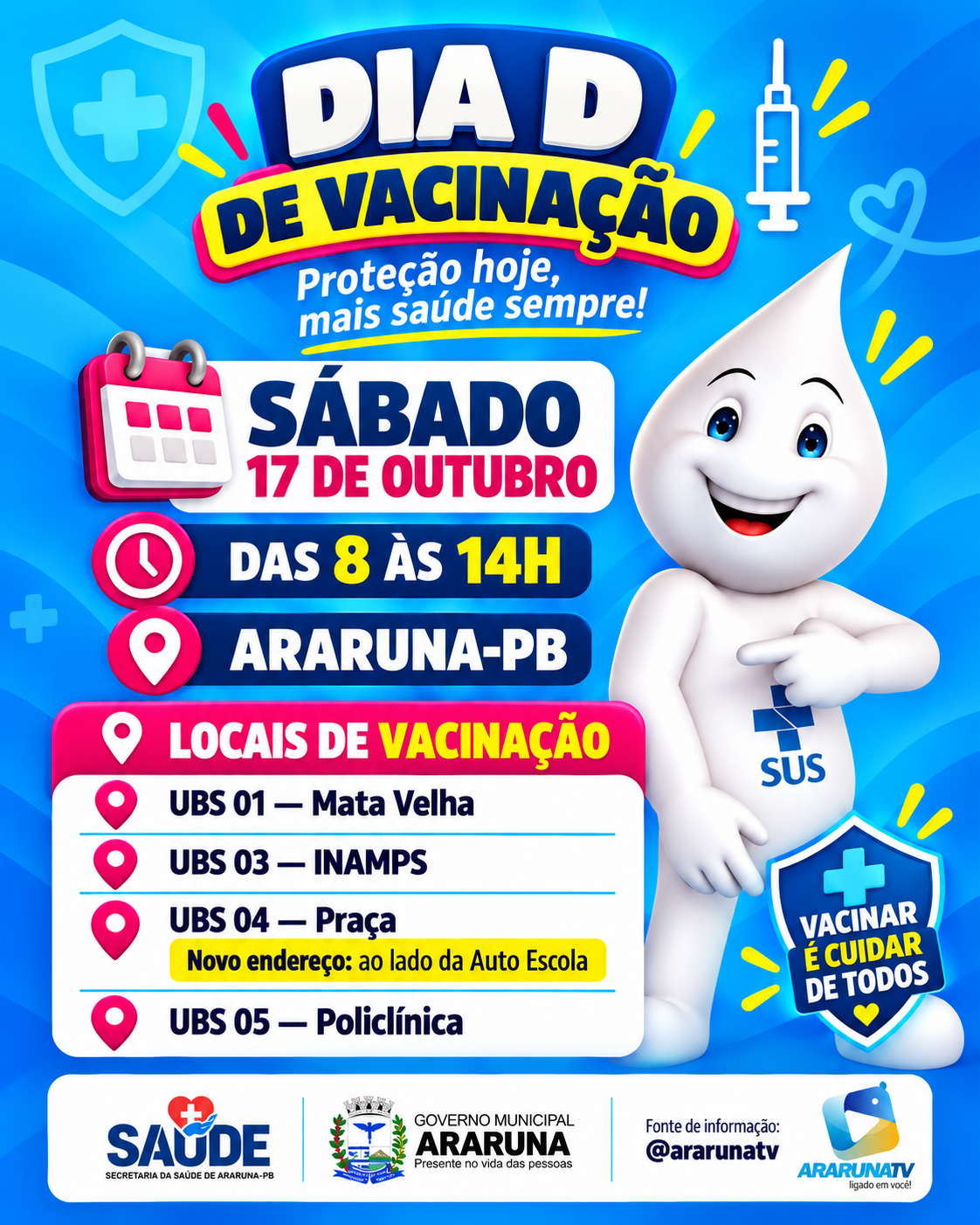 Araruna realiza Dia D de Multivacinação neste sábado (17), com foco na prevenção do sarampo e das meningites