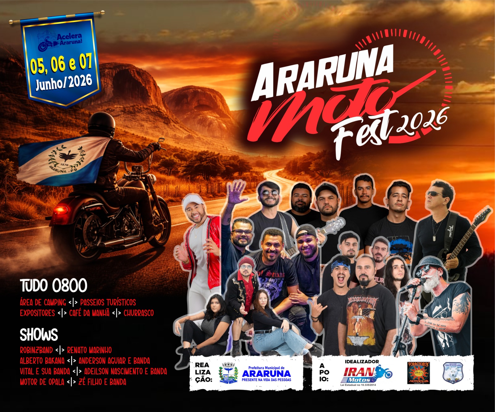 Prefeito Availdo Azevedo anuncia programação do Araruna Moto Fest 2026 com Robizband, Renato Marinho e Zé Filho; veja a programação completa de shows