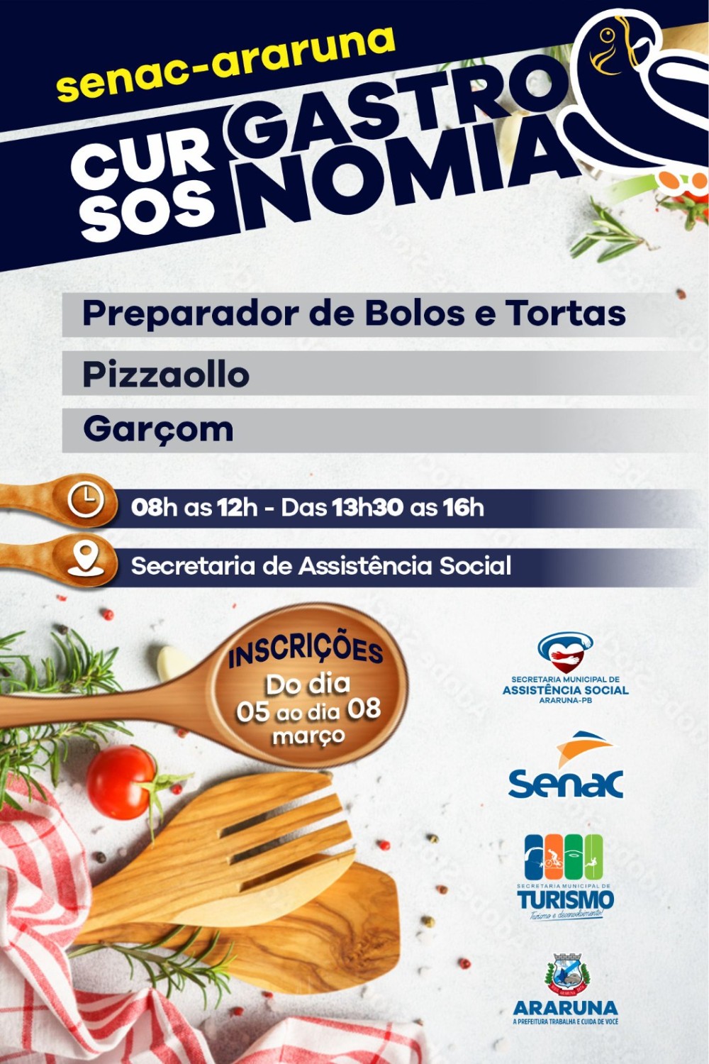 Prefeitura de Araruna e Senac ofertam 45 vagas para cursos da área de gastronomia gratuitos