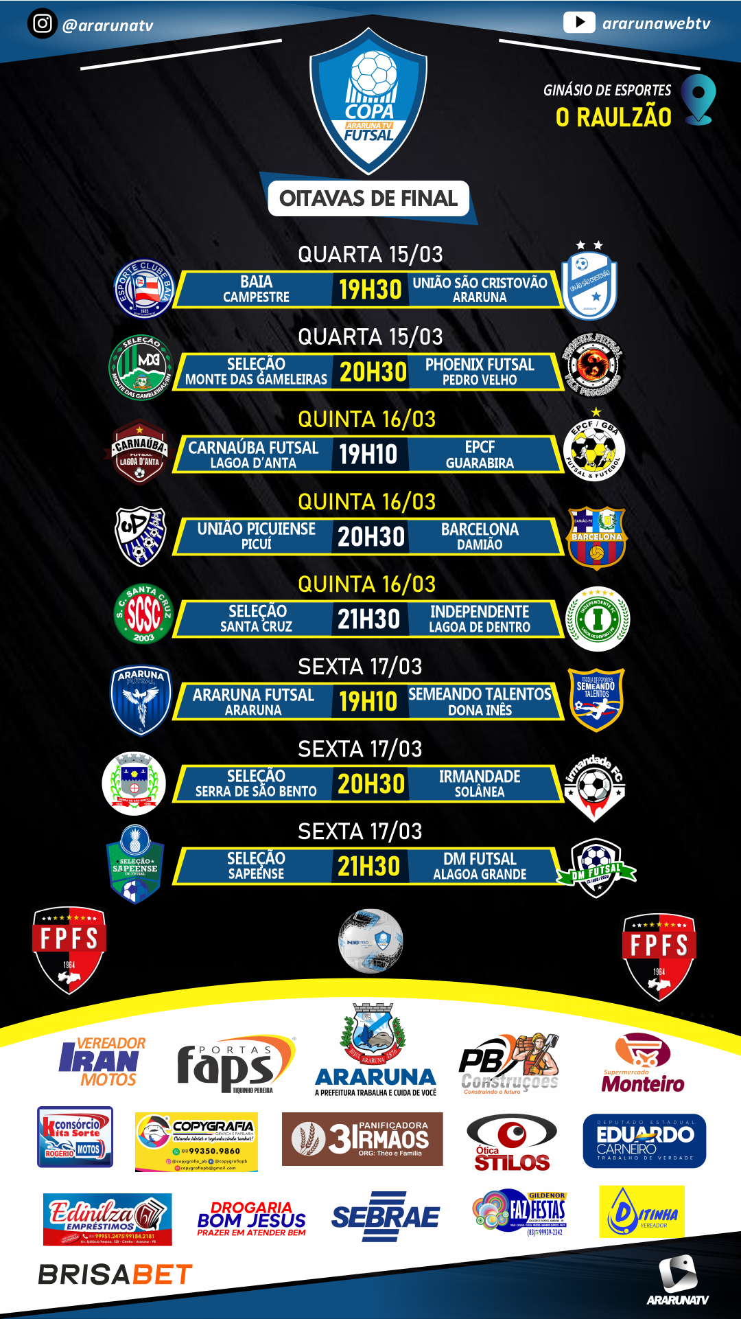 Temos já definidos os classificados e os confrontos das Oitavas de Final da Copa ArarunaTV de Futsal 2023